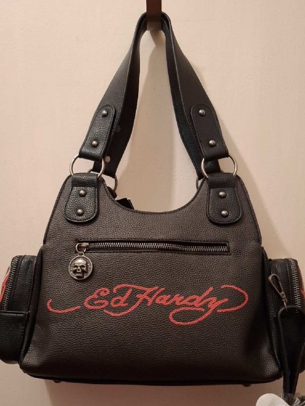 Ed Hardy Black, Red & Light Blue Heart Star Patch Satchel - Picture 8 of 11